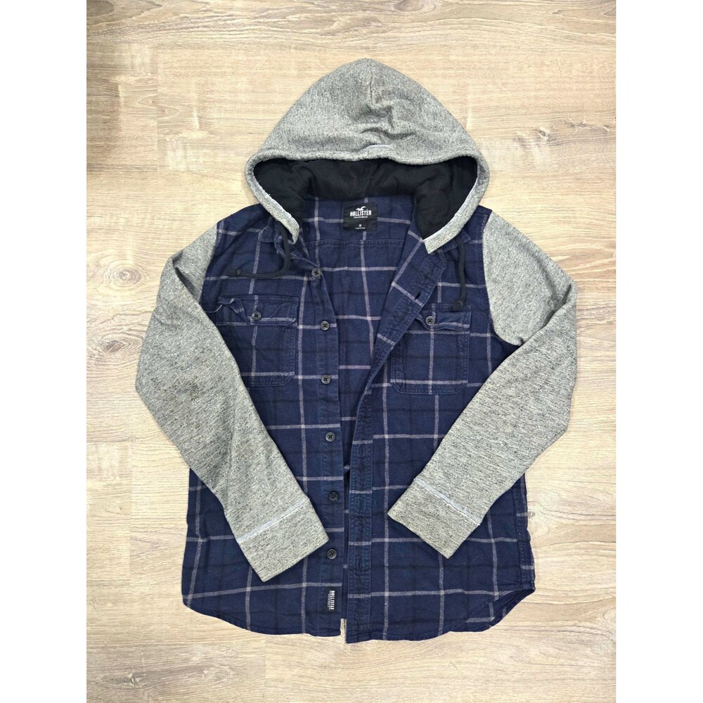Hollister Hooded Flannel Plaid Button Up Shirt Blue Gray Pockets Mens Medium
